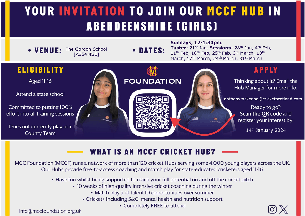 𝗬𝗢𝗨'𝗥𝗘 𝗜𝗡𝗩𝗜𝗧𝗘𝗗 🫵 We have 4️⃣ Girls @_MCCFoundation Hubs running across Scotland in 2024 providing FREE high-quality coaching and match play for state educated cricketers! 🔗 app.upshot.org.uk/signup/4d27c95…