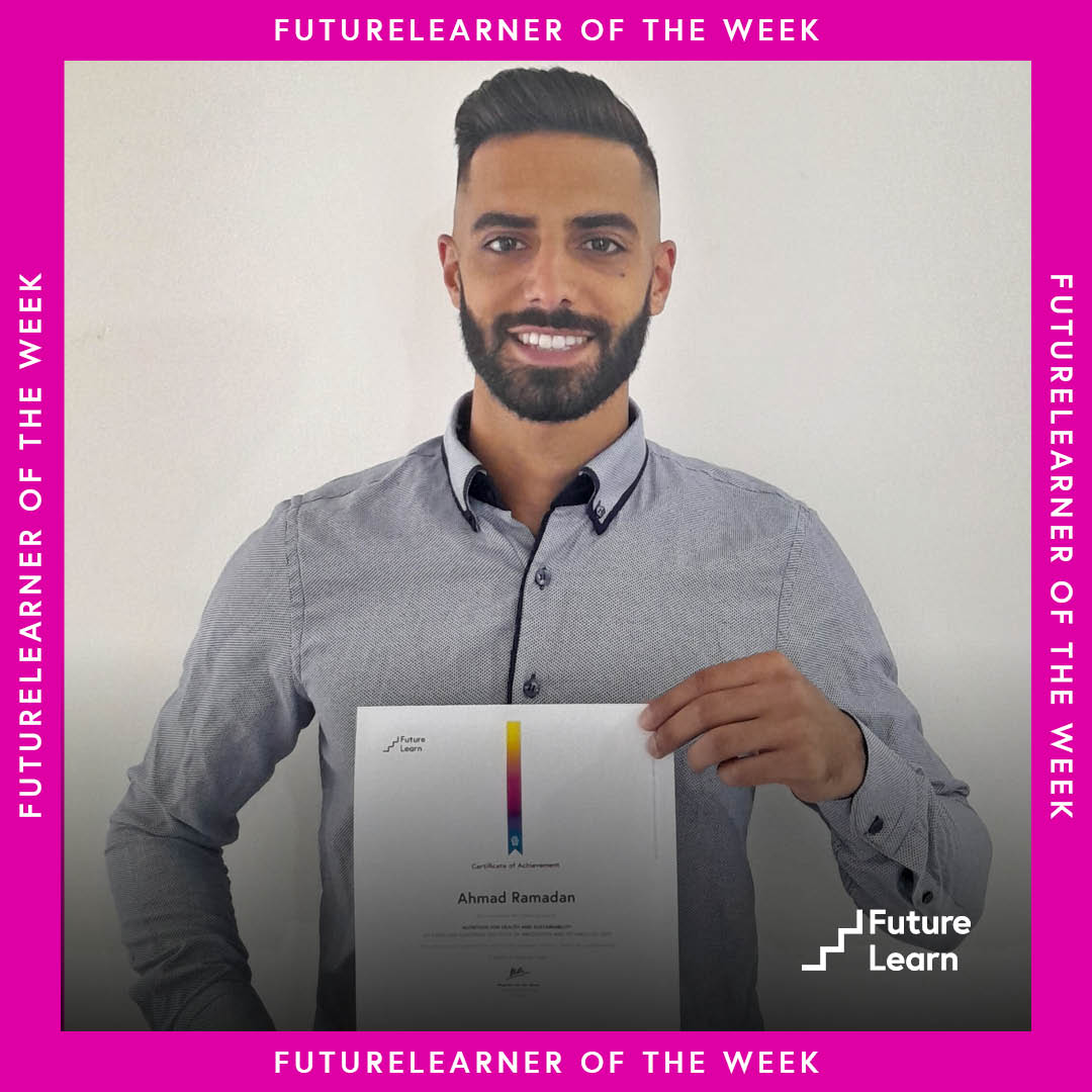 Ahmad from Lebanon is our FutureLearner of the week! He is passionate about nutrition for health and sustainability, and he is using his knowledge to make a difference in the world. 🙌 Congratulations, Ahmad! We are so proud of you for your commitment to learning. 👏
