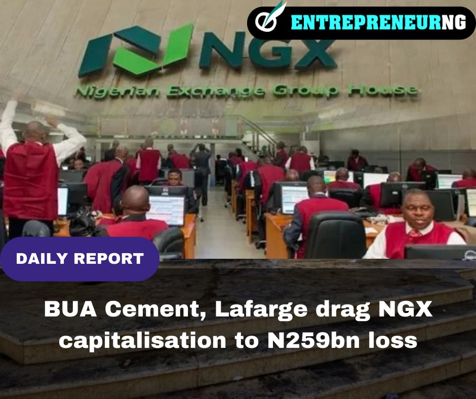 Losses in BUA Cement and Lafarge shares led to a N259bn market capitalization loss on the NGX today. Other affected stocks include Dangote Sugar, Oando, and Zenith Bank...entrepreneurng.com/2023/12/05/bua…

 #NigeriaStockExchange #MarketUpdate #StockMarket #Investing