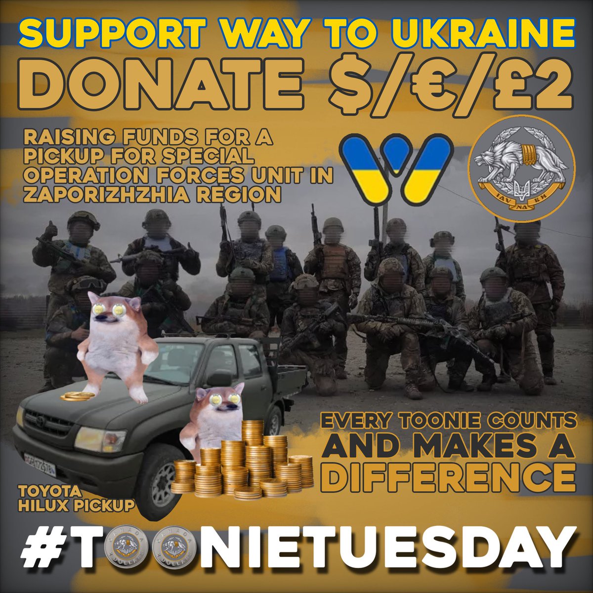 Still plenty of #toonietuesday left across the 🌎 don't delay get your #toonie in today! @WayToUkraine are raising funds for a 🛻 for Special Operation Forces ! Pay pal: melnykov_sergiy@ukr.net send.monobank.ua/jar/7SZ7KaujV