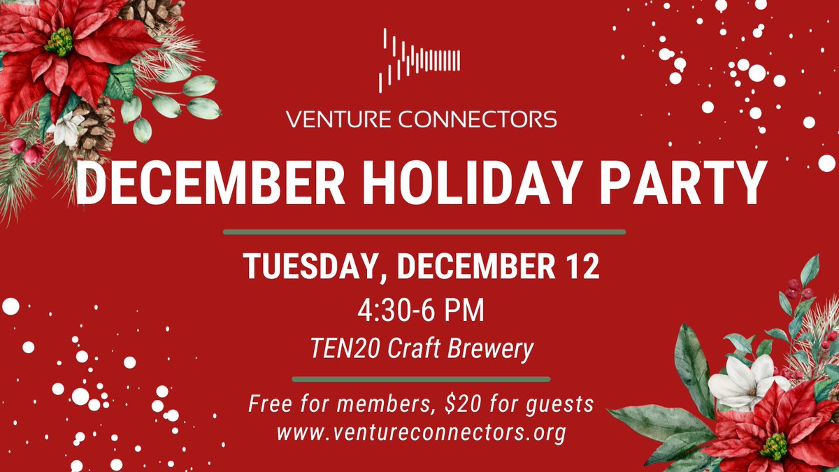 Join us next week for a #HolidayParty &amp; Special Announcement. The first 50 people in the door get a drink on us! Special thanks to event sponsor @AmplifyLou! Register at ventureconnectors.org #startups #entrepreneurs