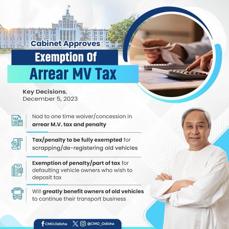 #OdishaCabinet headed by CM @Naveen_Odisha approved one time waiver/concession in arrear of motor vehicle tax and penalty. Under the scheme, tax & penalty will be exempted fully for vehicle owners who want to scrap & de-register their old vehicles. Penalty will be waived off…