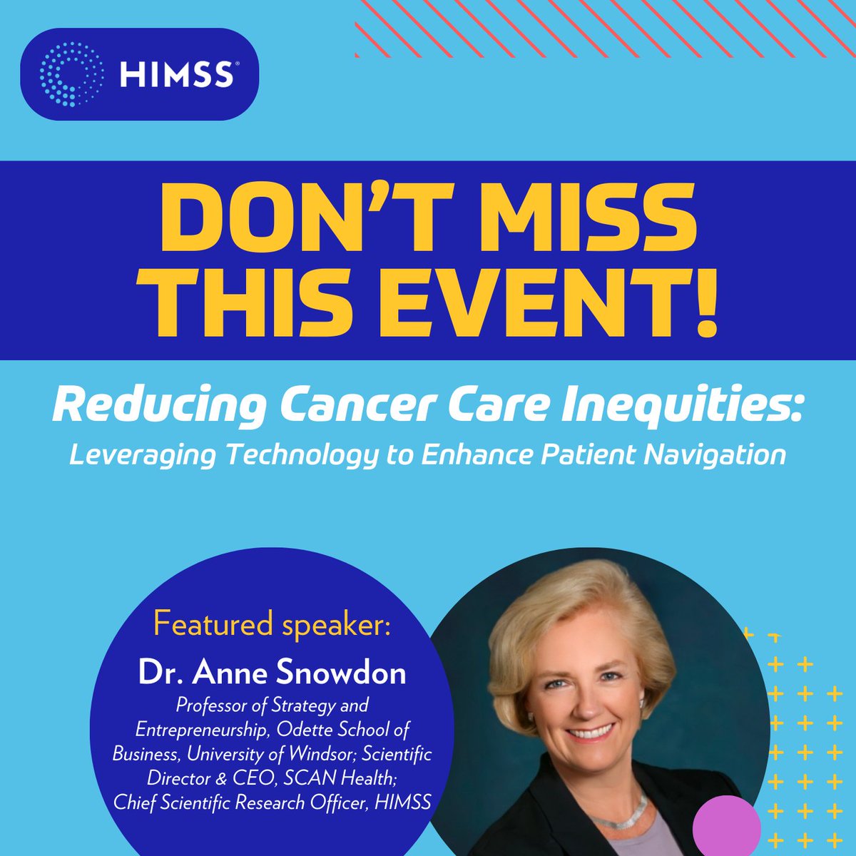 HIMSS's tweet image. On 12/7, Dr. Anne Snowdon will participate in the @PresCancerPanel’s #Tech4CancerNavigation meeting to discuss policy opportunities to improve patient access, support patient privacy, and regulate technologies for #PatientNavigation. 

Learn more: prescancerpanel.cancer.gov/reports/2023/p…