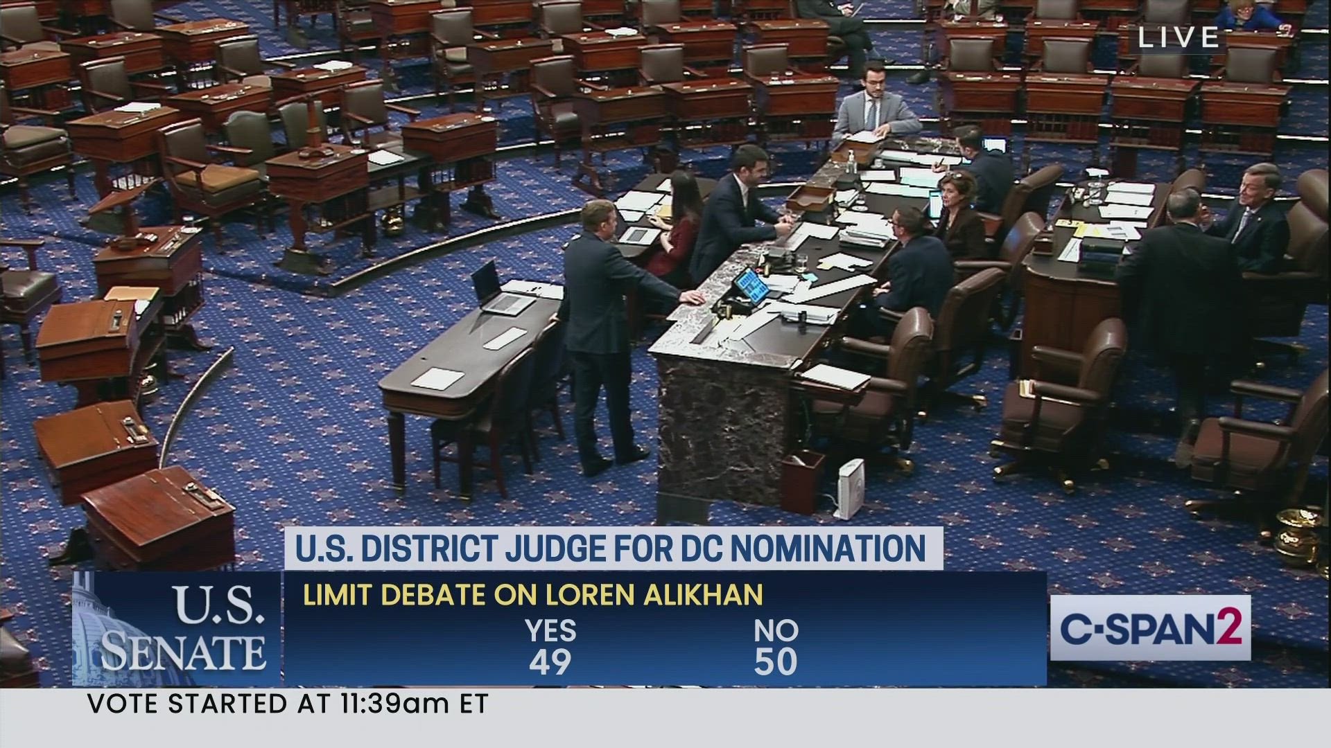 Craig Caplan on X: Senate NOW voting to advance Loren AliKhan's nomination  to be U.S. District Court judge for D.C. Vote currently 49-50 but still  open; Manchin voted No. Awaiting for Schumer
