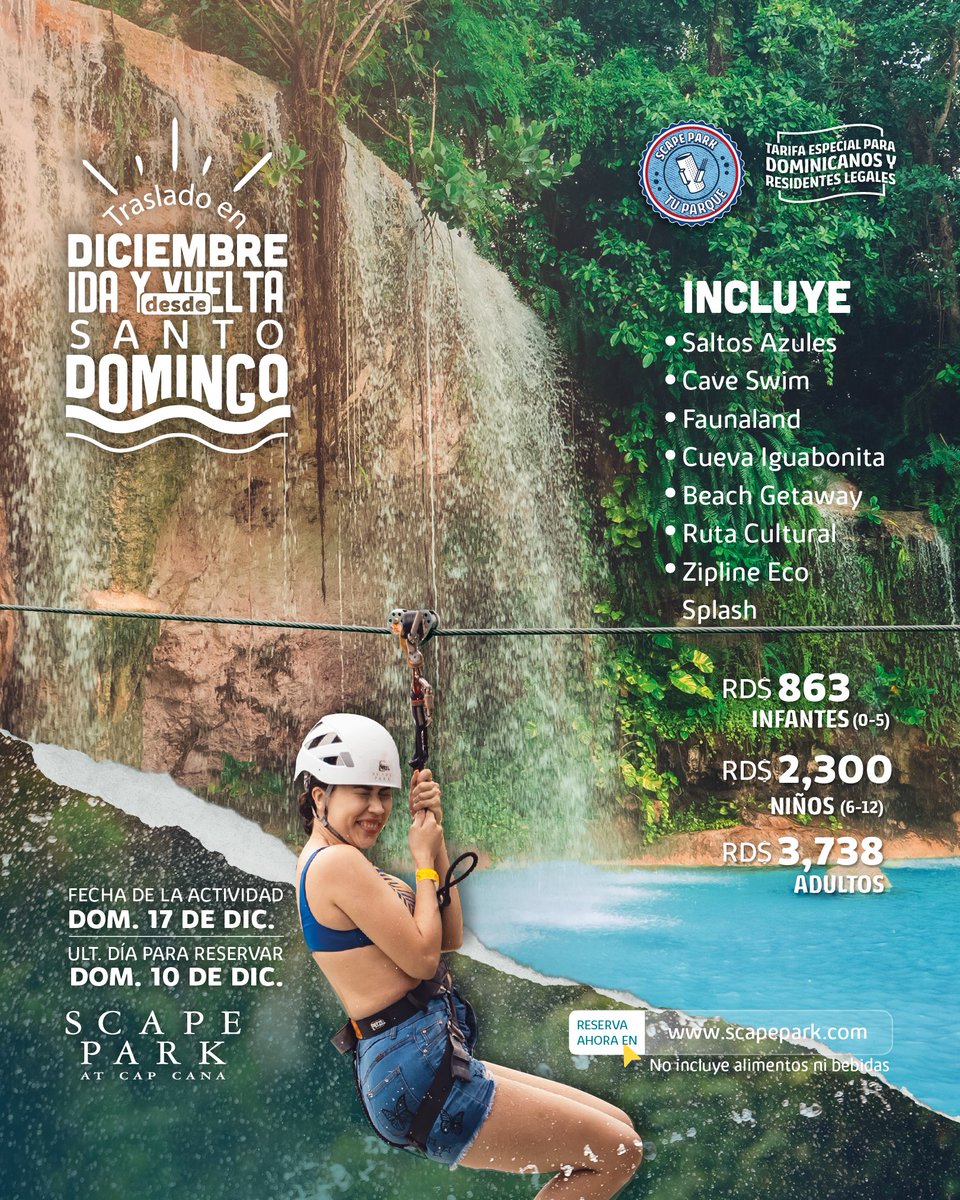 ¡Aprovecha el traslado ida y vuelta desde Santo Domingo! 🤩Tarifa especial para dominicanos y residentes legales 🇩🇴 Los adultos deben presentar cédula dominicana o carné de residencia vigente.🚌 Salida desde las oficinas Scape Park Santo Domingo (Plaza Diamond, Ave. Los Próceres