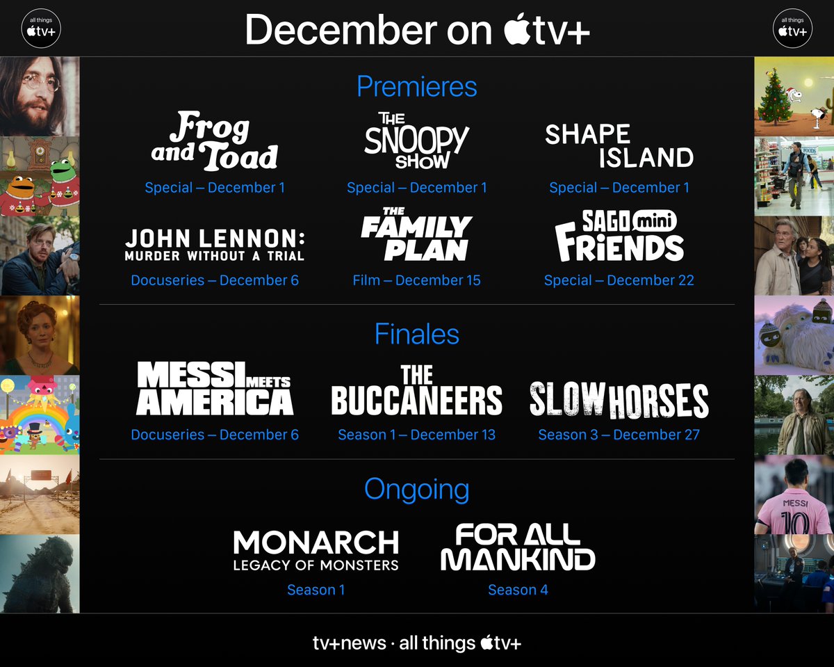 December on #AppleTVPlus:

Premieres:
#FrogAndToad, #TheSnoopyShow, #ShapeIsland, #JohnLennon: #MurderWithoutATrial, #TheFamilyPlan & more

Finales:
#MessiMeetsAmerica, #TheBuccaneers & #SlowHorses S3

Ongoing:
#Monarch & #ForAllMankind S4

What are you most excited for?