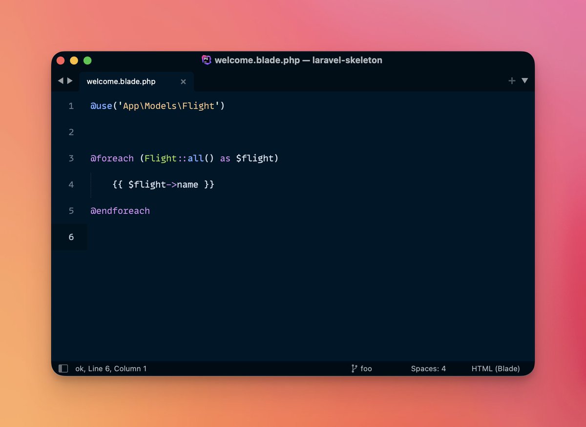 taylorotwell's tweet image. A few small treats in this week's Laravel release.
First, a new "use" Blade directive for quickly importing a PHP class into a Blade template without using raw PHP tags. 🔥