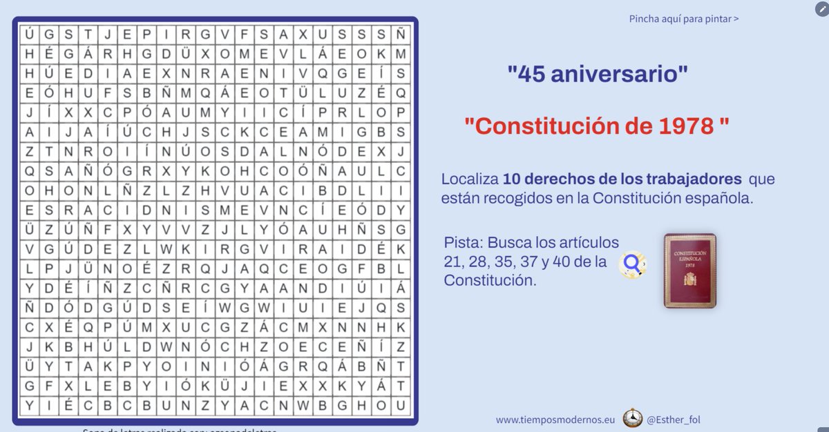 #FOLcomparte ¿Eres capaz de localizar 10 derechos laborales que recoge la #Constitución? #SopadeLetras
Si no los recuerdas, haz clic 📕#OPSEA23🧐view.genial.ly/6389eeca6bed6e…