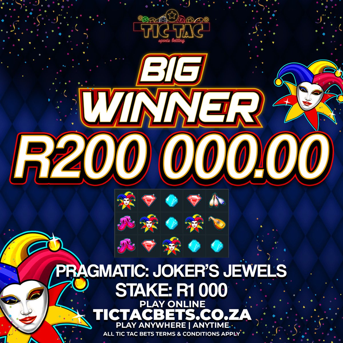Tictacbets's tweet photo. At Tictacbets when we say Thina Siya Wina La that’s exactly what we mean. Congratulations 📷📷 To Our Big WINNER.
While One Took Home R200 000.00 For A R1000 Bet/Stake On
Jokers Jewels
Remember you can get up to 500 free spins every Thursday
Play Now | Win Big @Tictacebets https://t.co/vWzbDcIGpO