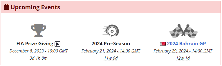 LiquipediaF1's tweet photo. #WikiUpdate
Keep up with the upcoming #F1 events! ๐๏ธ
The time is set automatically based on your location so you don't miss out on the next events!
๐ https://t.co/thHiLVsFj1 https://t.co/ZffyvzefLi
