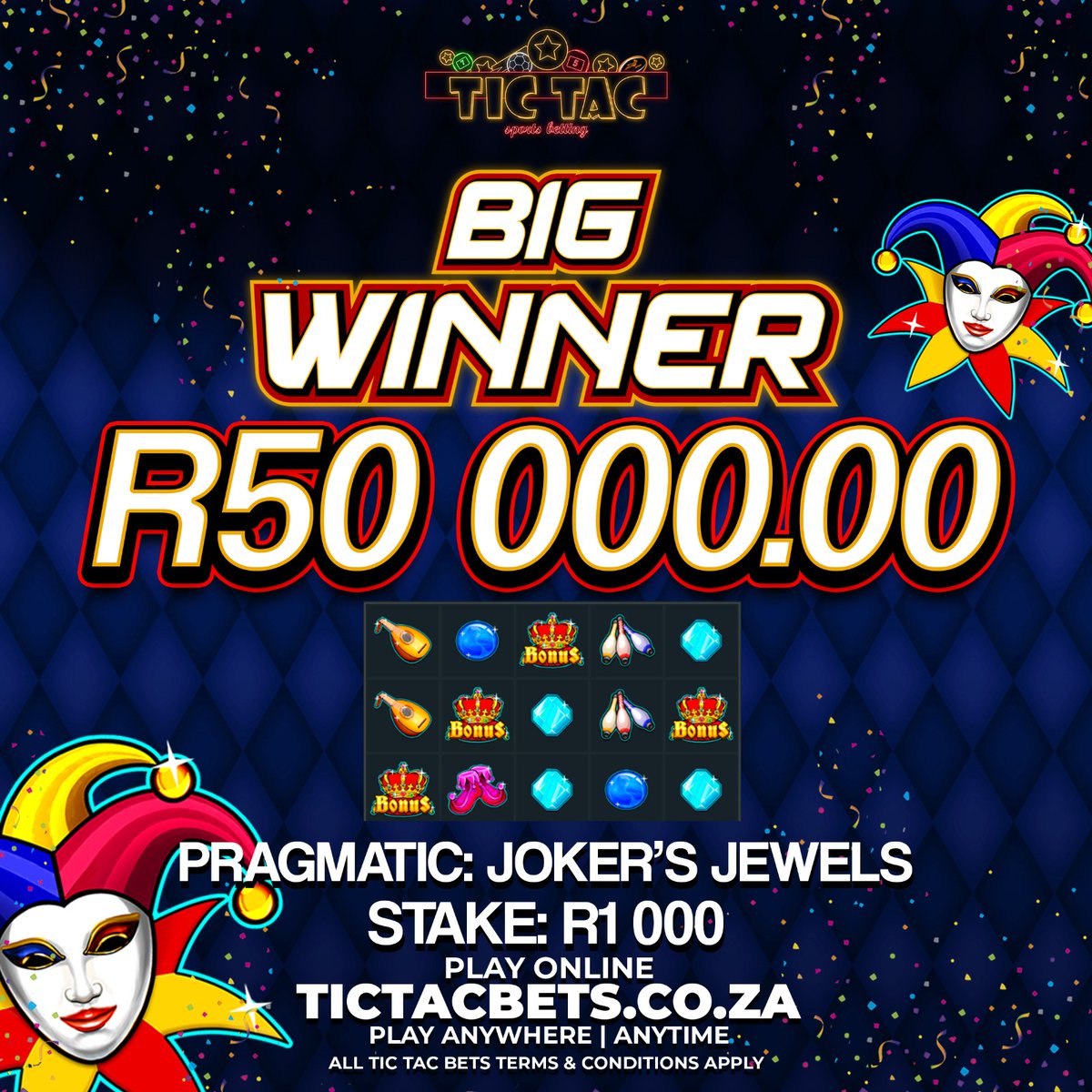 Tictacbets's tweet photo. At Tictacbets when we say Thina Siya Wina La that’s exactly what we mean. Congratulations 📷📷 To Our Big WINNER.
While One Took Home R50 000.00 For A R1000 Bet/Stake On
Jokers Jewels
Remember you can get up to 500 free spins every Thursday
Play Now | Win Big @Tictacebets https://t.co/pkIhrVCdUs