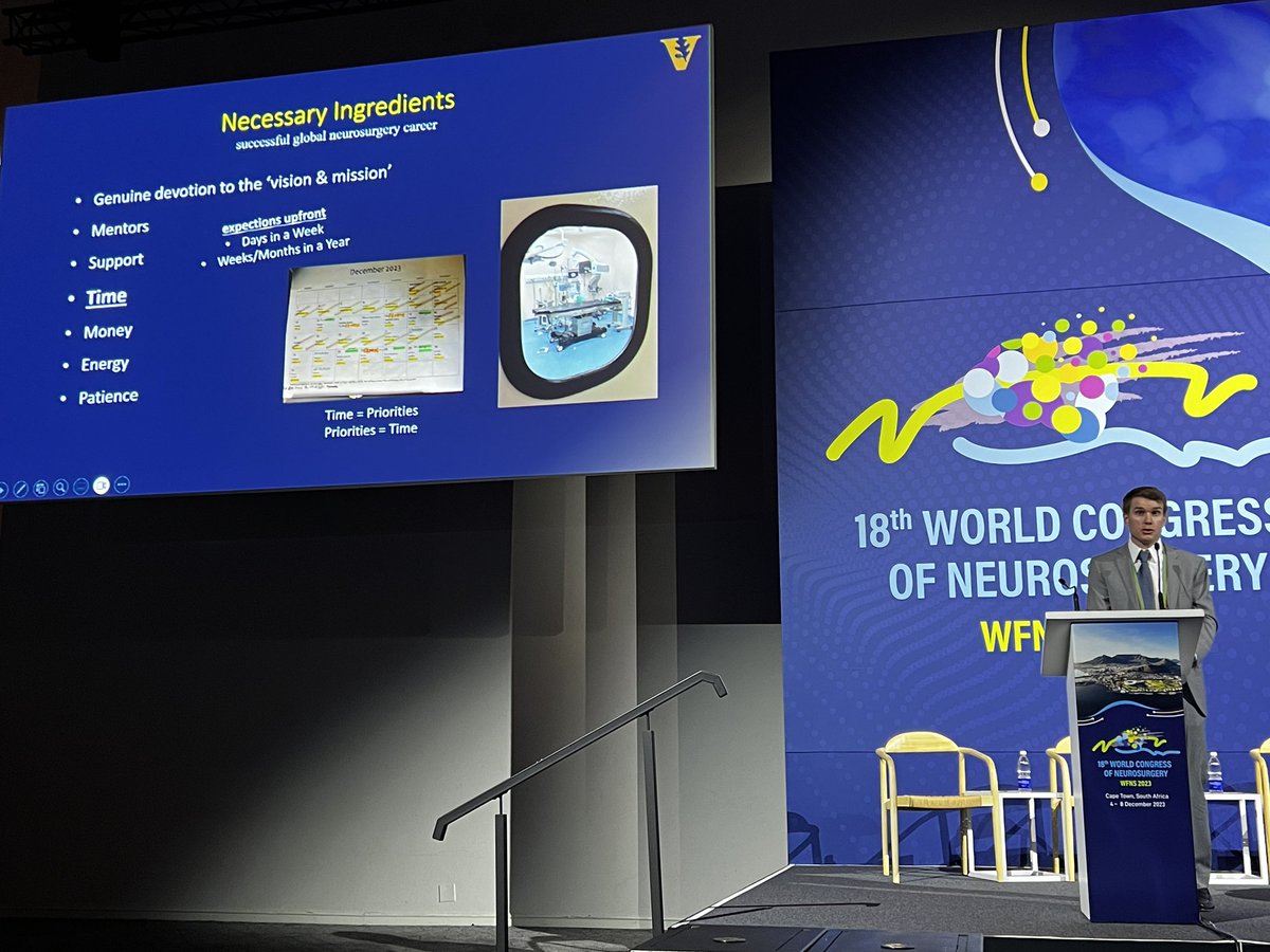 Dr. @MichaelDewanMD presents the ‘recipe’ for a successful career in global neurosurgery at #WFNS2023, blending professional dedication with personal balance. His insights remind us that a fulfilling journey in medicine also requires nurturing family, personal life, and passions.