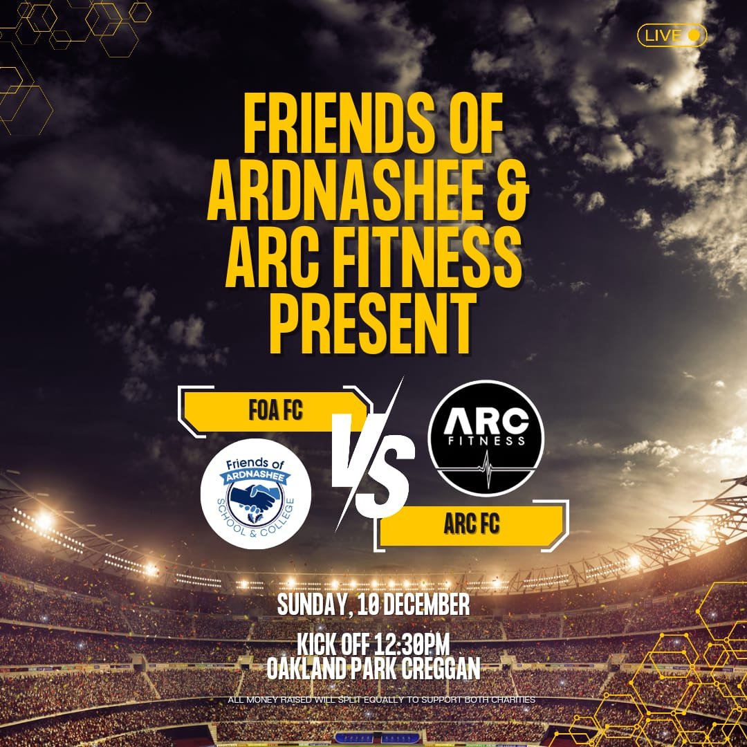 Join us on Dec 10th at Oakfield Park Creggan for an ARC vs Friends of Ardnashee football fundraiser! Kickoff 12:30pm. Funds raised support both organisations. 

Contribute here: gofund.me/3f5db993. #CharityMatch