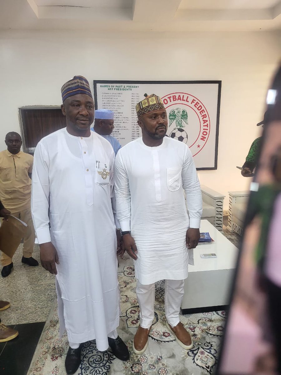kogifootball's tweet photo. Kogi State Football Association Chairman Honourable Hassan Wada with his Boss, President Of Nigeria Football Federation Alhaji Ibrahim Musa Gusau at the Glass House in Abuja https://t.co/jpcNz2sPl3