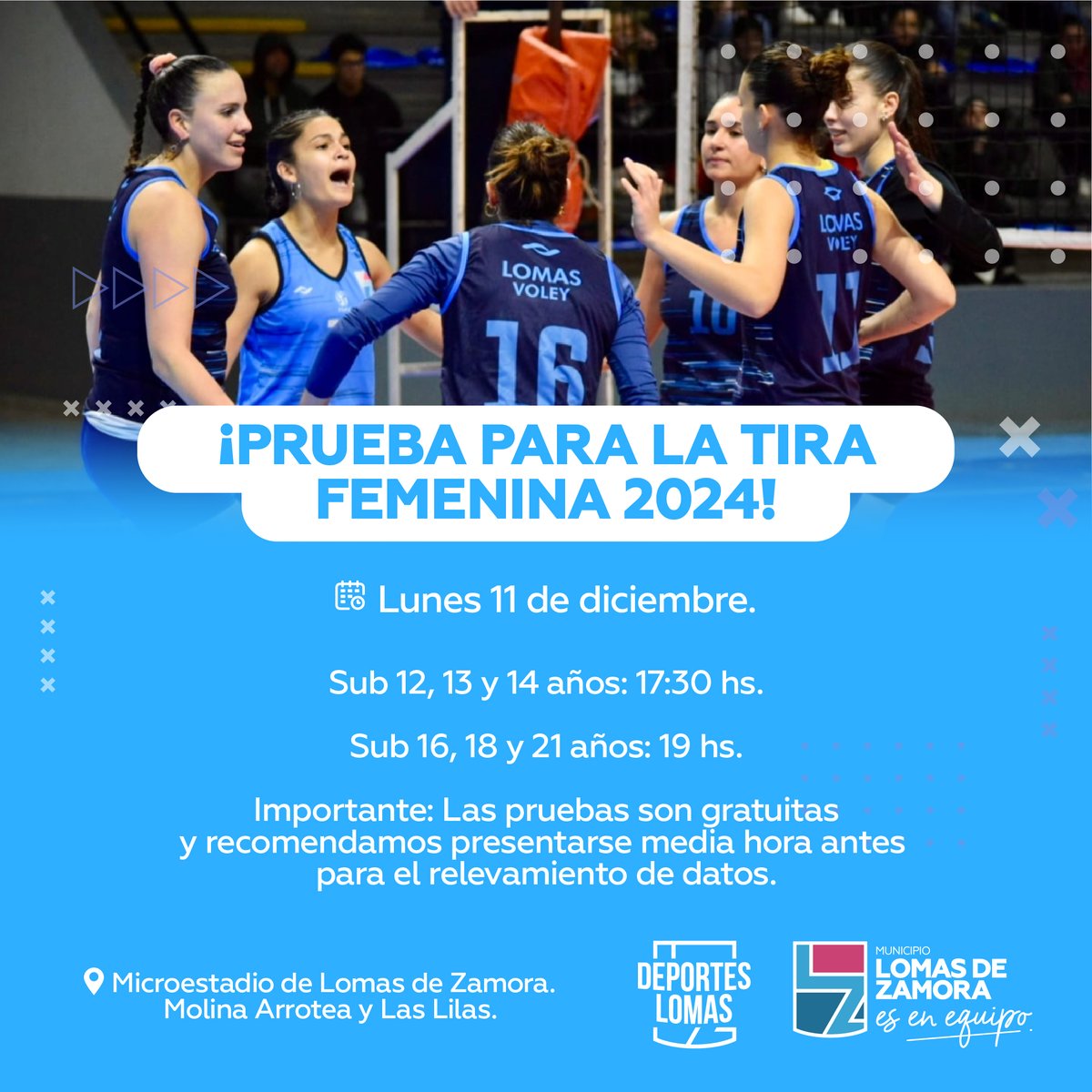 lomasdeportes's tweet photo. ¡PRUEBA PARA LA TIRA FEMENINA 2024! 🏐✨

➕Súmate al equipo de Lomas Vóley

✅categorías Sub 12, 13 y 14 años, 17:30 hs.
✅categorías Sub 16, 18 y 21 años, 19 hs.

📍En el Microestadio del Parque Eva Perón, Molina Arrotea y Las Lilas. https://t.co/edGSO6YSTx
