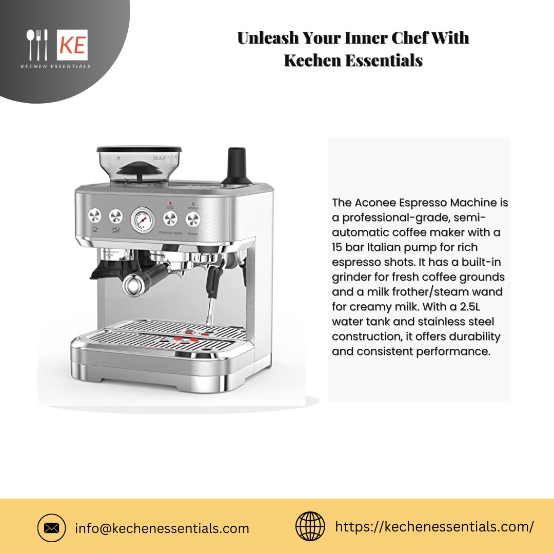 kechenessential's tweet photo. The Aconee Espresso Machine offers 15 Italian pump bars, an integrated grinder, and a powerful steam wand for high-quality coffee at home, enhancing your coffee game with a sleek stainless steel style. 
Buy Now https://t.co/h8iQV41hxV  
#kitchenessentials #EspressoMagic https://t.co/E62fCtjOdz