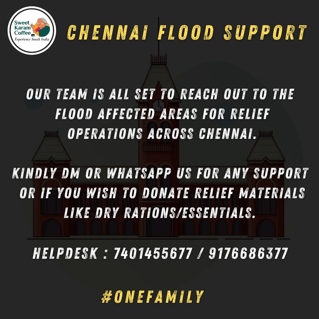 We are stronger together 💪We will rise together once again 🤙

We are Chennai ! Let the Good make noise. 

DM us to support/donate.

Breads, Biscuits, Milk powder, Water bottles, Candles, Mosquito coils, Blankets, First aid kit, Sanitary napkins .

#ChennaiFloods #ChennaiRains