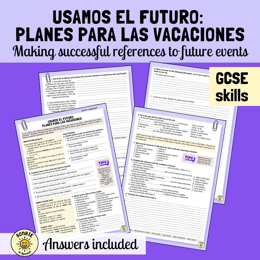 sonrieinspanish's tweet photo. Next advent resource!✨A pack of worksheets to drill the future on the topic of holidays. It includes theory &amp; practise for the following: the near &amp; simple futures + structures followed by an infinitive + answers. RT/Comment to get it for free (only until 7pm tonight) #gcse https://t.co/qVaJxMemim