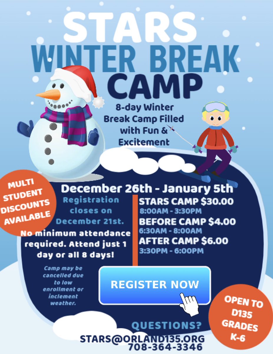 The STARS Winter Break Camp is back for another year and registration is open!
The Camp is open to all D135 students, grades Kindergarten - 6th. Camp is open from December 26th - January 5th. Sign up for one day or all 8, there is no minimum attendance required!