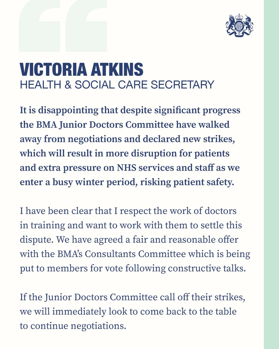 My statement on the BMA junior doctors committee’s decision to walk away from negotiations.

My message to the committee is clear: call off the strikes and come back to the table.