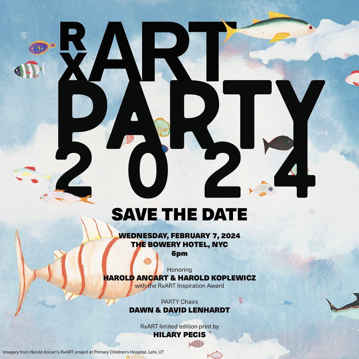 SAVE THE DATE 🗓 Please join us at The Bowery Hotel on February 7th, 2024. The evening will be generously hosted by our PARTY co-chairs, Dawn and David Lenhardt. We are proud to honor and award  Harold Ancart &amp; Harold Koplewicz with the RxART Inspiration Award 🎊