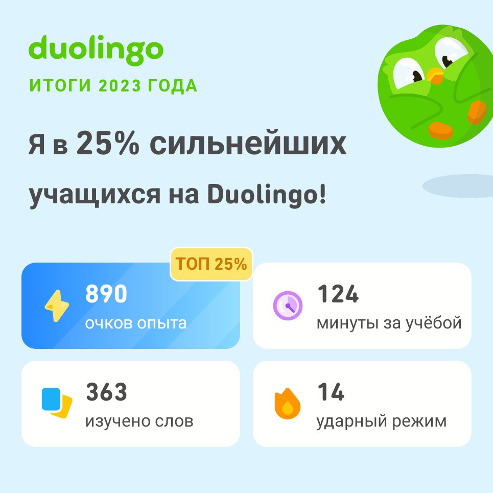 Lekspert's tweet image. Смотрите, сколько всего мне удалось выучить на Duolingo в 2023 году! А как прошёл ваш год? #Duolingo365