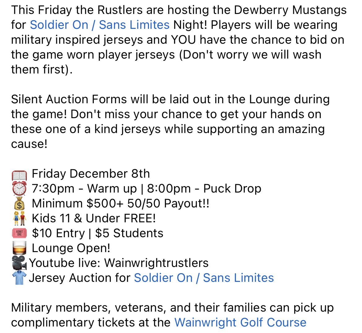 Friday the Rustlers are hosting <a href="/DewberryMustang/">Dewberry Mustangs</a> for <a href="/SoldierOnCAN/">Soldier On // Sans Limites</a> Night!! 

Players will be wearing military inspired jerseys and YOU have the chance to bid on the game worn player jerseys (Don't worry we will wash them first). 

<a href="/TownWainwright/">Town of Wainwright</a>