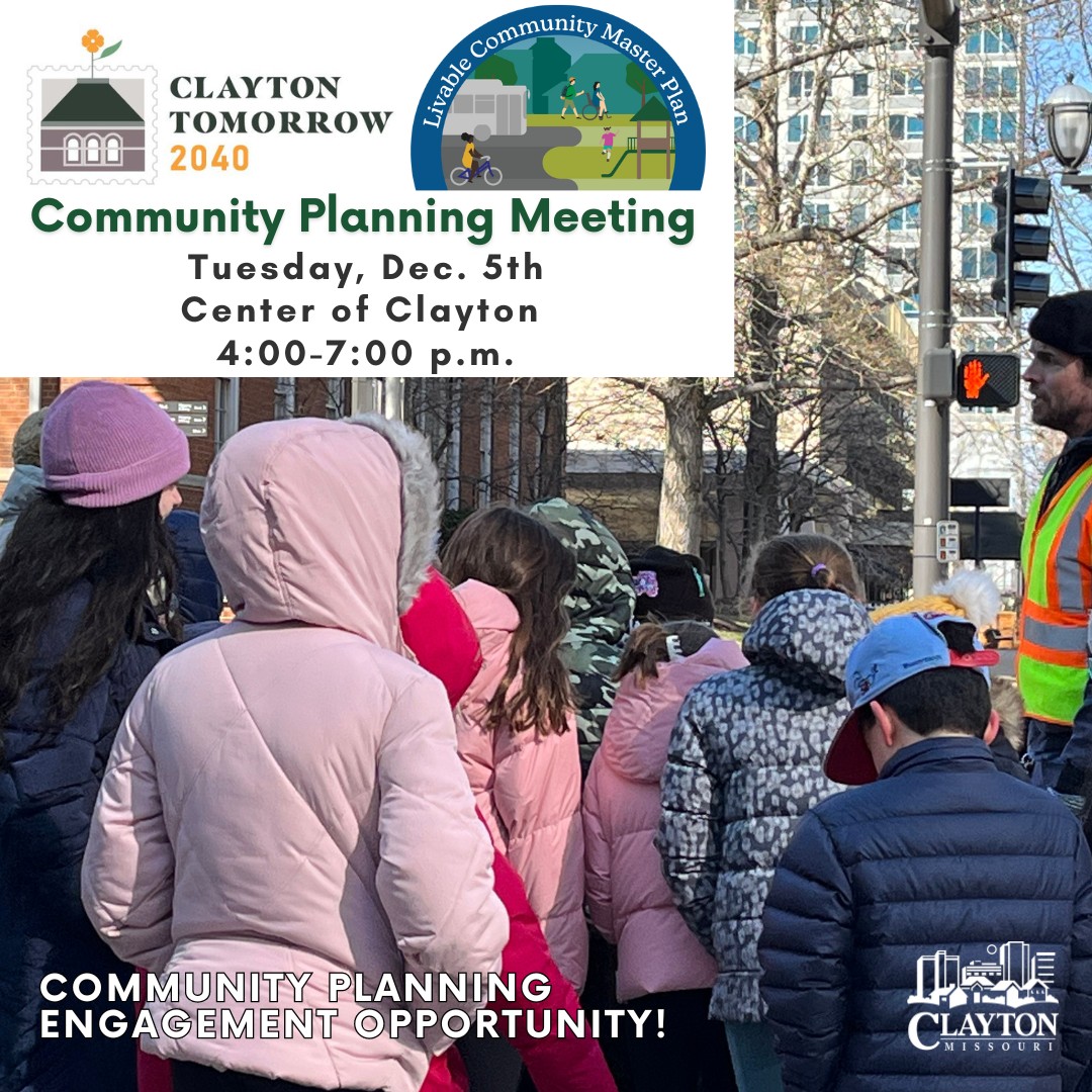 We're hosting a meeting today (Dec.5) from 4-7 PM @CenterofClayton to gather input for ongoing long-range planning. Clayton Tomorrow 2040 Plan focuses on land use, econ dev, & transportation. Livable Community Plan focuses on parks, rec, bike/ped planning. bit.ly/3N99wiz