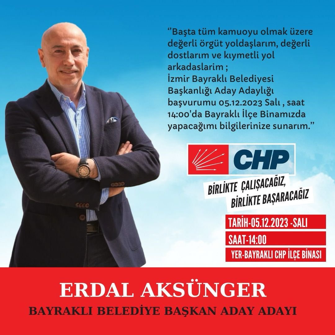 CHP'nin en sevilen isimlerinden İzmir eski milletvekili ve önceki dönem MYK üyesi Erdal Aksünger, Bayraklı belediye başkanlığına aday adaylığını açıkladı. CHP kulislerine göre Aksünger'in adaylığına kesin gözüyle bakılıyor.