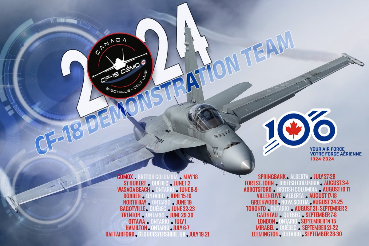 As we prepare for the upcoming season where we’ll be celebrating the RCAF’s Centennial, today we are happy to announce the schedule for the 2024 CF-18 Demonstration Team. #CF1Demo #rcaf2024arc @RCAF_ARC