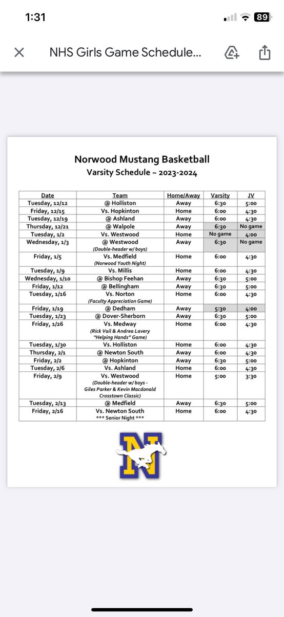 NorwoodBball's tweet photo. Our Mustang Girls’ Hoop schedule. LFG! https://t.co/7CZyyYc5JX