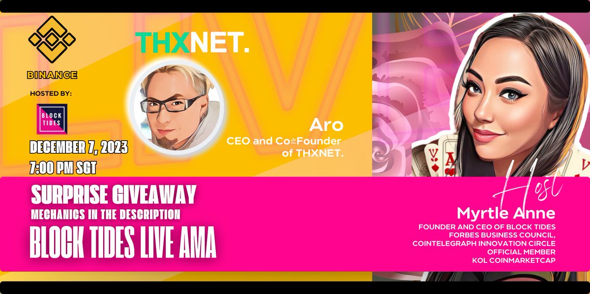 blocktides's tweet photo. GET THE CHANCE TO WIN $5000 THX WORTH OF GIVEAWAY! 🔥

✨ Join us for an insightful journey with the Block Tides CEO, @myrtleology, and the @THXNET_Web3aaS CEO and Co-Founder, Aro! 🔗

👋 Don't miss the exciting episode of @Binance Live on December 7 at 7 PM Manila Time. Don't miss out! 🚀

🔗 Binance Live: https://t.co/UheLvwQ4ay

🧑‍⚖️ Rules and mechanics:

🙌🏻 Follow and like the following:

✅ TAG 3 FRIENDS ON THIS POST
✅ SHARE AND REACT TO THIS POST (The post must be public)
✅ MUST WATCH THE LIVE SERIES UP UNTIL THE END
✅ MUST BE A LIKER & FOLLOWER OF ALL BLOCK TIDES SOCIAL MEDIA CHANNELS.

Must register here ⬇️
✅ Google Form: https://t.co/jUQL050vfQ
✅ Gleam: https://t.co/WvU8Dun3Qx

⚠️ Disclaimer: All investment strategies and investments involve the risk of loss. Nothing contained on this page or event should be construed as investment advice. Any reference to an investment's past or potential performance is not, and should not be construed as, a recommendation or a guarantee of any specific outcome or profit.

⚠️ This live is mainly for educational purposes only. It will serve as a guide, and the page may NOT offer any investment advice.

⭐️ Risk Disclaimer: Trading or investing in blockchain and cryptocurrency holds substantial risk and is very volatile. All materials, videos, and live sessions are presented for the idea of the viewers and do not offer any other investments. Your funds are your responsibility, and we are not financial advisors. Trade and invest at your own risk. DYOR.