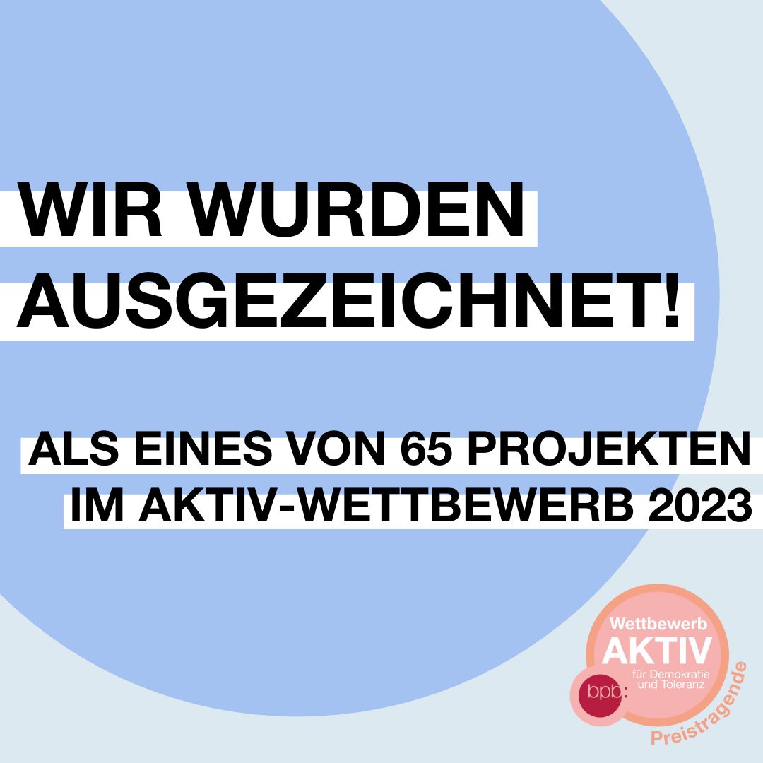 Ausgezeichnet...

...wurde im  Wettbewerb "Aktiv für Demokratie und Toleranz" unser zivilgesellschaftliches Engagement für unseren Beitrag zur Festigung unserer Demokratie, z.B für die Moderation der Fokusgruppe "inklusiverArbeitsmarkt" beim <a href="/BBParlament/">Berliner Behindertenparlament</a>.

Danke <a href="/bpb_de/">bpb.de</a>.