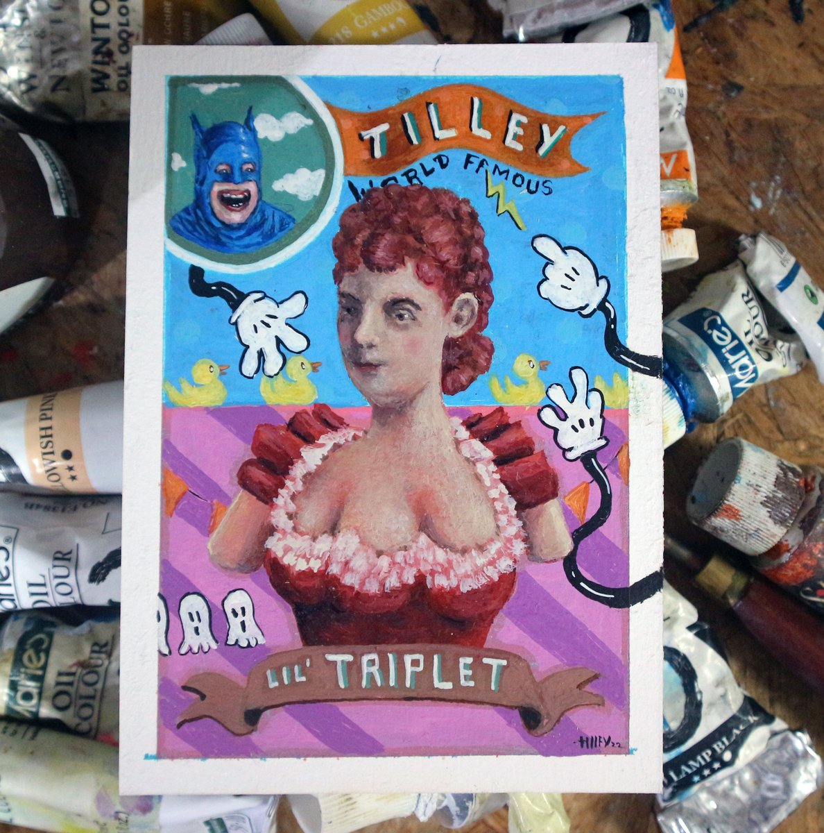 tylertilley's tweet photo. Lil' Triplet
4" x 5.5" ish
Oil on paper
#gobin #ghost #haunted #breasts #art #painting #gallery #circus #triplet https://t.co/sCJAy4baqC