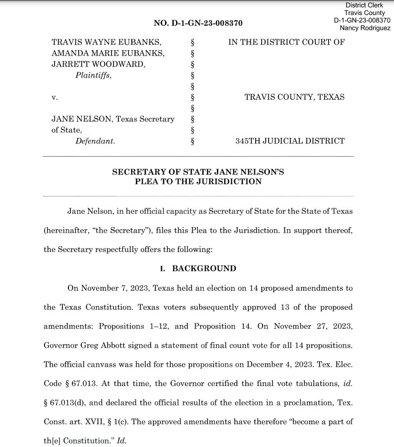 Update: @TXsecofstate, @SecJaneNelson have filed their plea to jurisdiction in response to one of these election contests against the recently passed constitutional amendments—arguing challenges to the already amended Const. are moot. #txlege Brief: documentcloud.org/documents/2419…