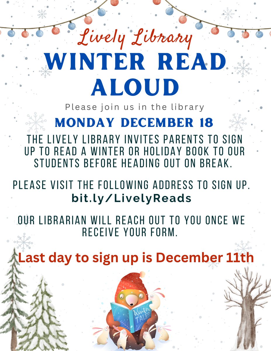 We will have our 2nd annual Winter Read Aloud Day <a href="/LivelyEagles/">Lively Elementary</a> on December 18. Please sign up to read to our Lively Eagles and reach out if you have any questions! <a href="/IrvingISD/">Irving ISD</a> <a href="/IrvingLibraries/">IISD Libraries</a>