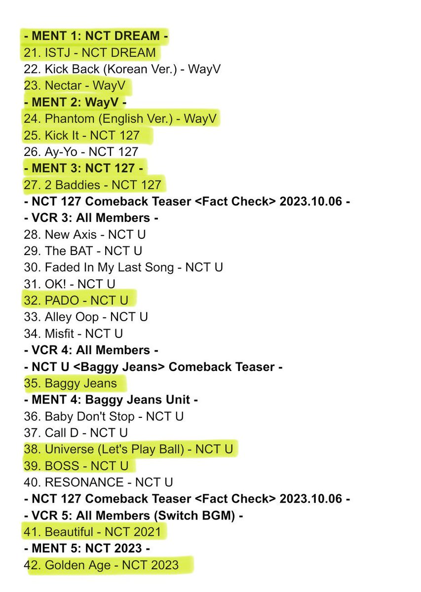 Jungschxn's tweet photo. Al parecer esta es la lista de canciones de la película NCT Nation, no hay unidad de Dojaejung, no hay detrás de escenas ni entrevistas, no es formato documental. Solo hay una entrevista con fans, hay animación y es únicamente concierto. Además, quitaron The Bat, Call D + https://t.co/dhP5rYraO2