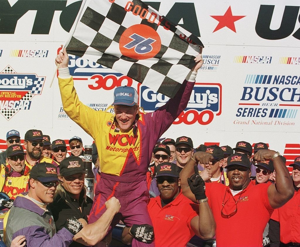 allan_cheapshot's tweet photo. Steve Grissom is hoisted onto the shoulders Sting, Lex Luger and tag team Harlem Heat after winning the NASCAR Busch Grand National Division Goodys 300.

GO TEAM WCW RACING! https://t.co/qB5wolc3te