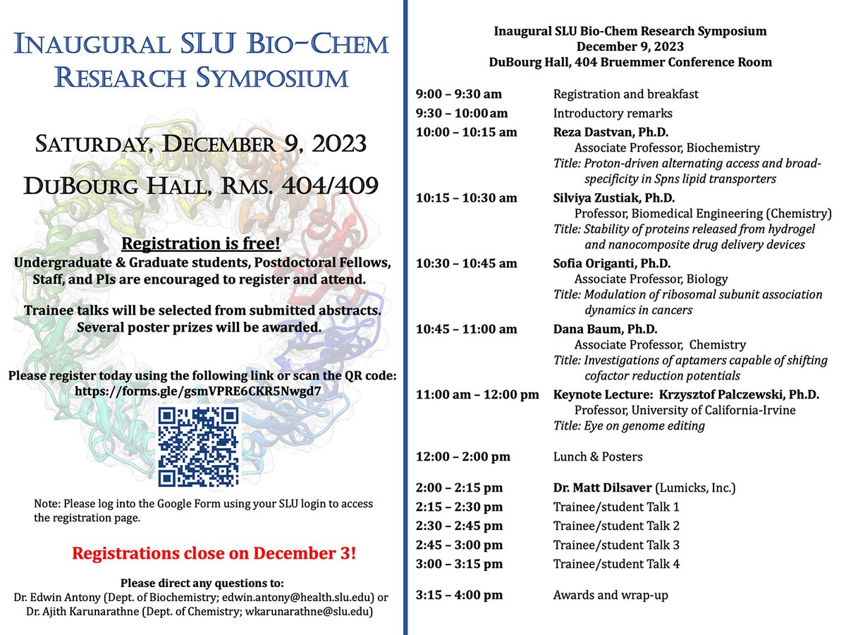 SLU Research (@sluresearch) on Twitter photo Excited for the Bio-Chem Research Symposium 2023 on Dec 9 at <a href="/SLU_Official/">Saint Louis University</a>. Great research presented by #SLU faculty and a keynote from <a href="/UCIrvine/">UC Irvine</a>'s Krzysztof Palczewski, the scientist who crystallized the first G Protein Coupled Receptor. Do not miss!
biochem.slu.edu/event/bio-chem⦠Excited for the Bio-Chem Research Symposium 2023 on Dec 9 at <a href="/SLU_Official/">Saint Louis University</a>. Great research presented by #SLU faculty and a keynote from <a href="/UCIrvine/">UC Irvine</a>'s Krzysztof Palczewski, the scientist who crystallized the first G Protein Coupled Receptor. Do not miss!
biochem.slu.edu/event/bio-chemā¦