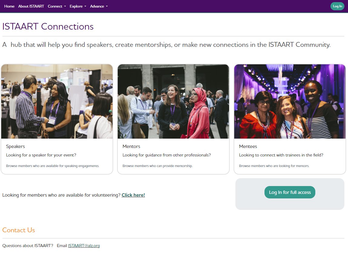 Introducing ISTAART Connections, our newest web feature fostering peer-to-peer connections.🌟 Explore available speakers, mentors, volunteers, & more!🤝 Update your ISTAART Community interests & get listed on ISTAART Connections today! 🌐 Visit istaart.alz.org/connections