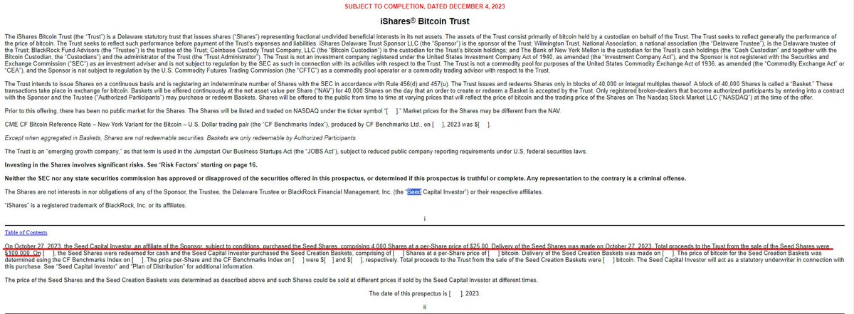 tonnuhm123's tweet image. BlackRock จะลองออกหุ้น​ของ​ BTC Spot​จำนวน​ 4,000 หุ้น​ ในราคาหุ้นละ​ $25​ รวมเป็นเงิน​ $100,000

#ibtc