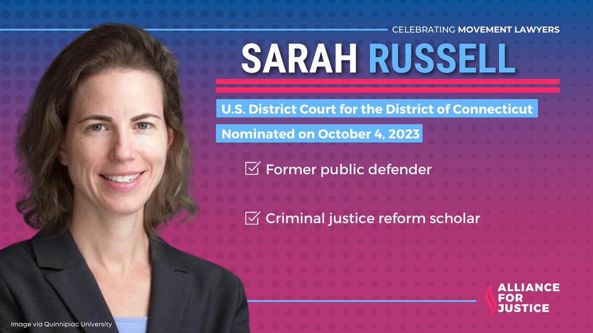 We need more federal judges like Sarah Russell: experts on the rights of criminal defendants, with experience representing the accused: afj.org/nominee/sarah-…

#ConfirmRussell  #CourtsMatter