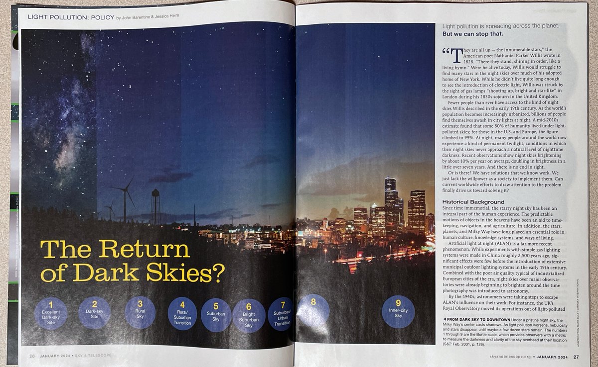 JohnBarentine's tweet image. Just received in the post: the January 2024 issue of @SkyandTelescope Magazine that contains the article that Jessica Heim and I wrote about light pollution activism and lighting policy advances.

Having a byline in a magazine that I read as a kid is a real bucket-list item.