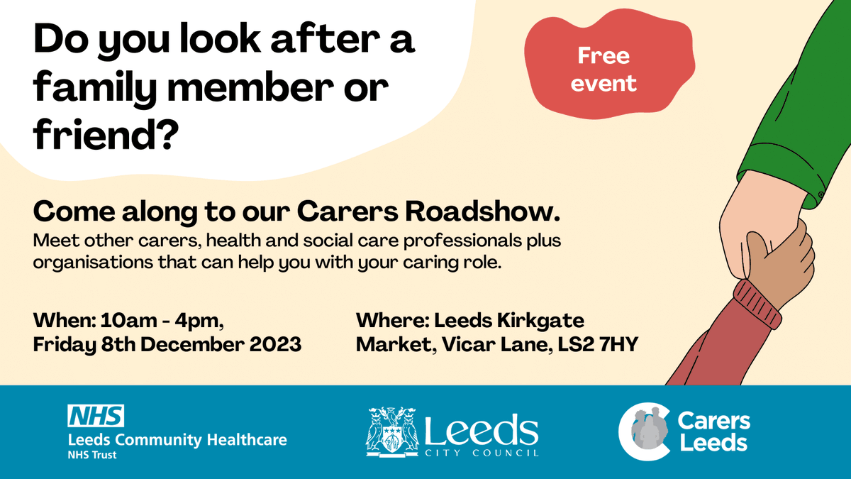 🚨Not long to go until our Leeds Carers Roadshow! 🚨 In partnership with @LCHNHSTrust and @LeedsCC_News, this event will provide #unpaidcarers with access to information, advice and support from a variety of organisations. 📅 Friday 8th Dec, 10am-4pm 📍Kirkgate Market, LS2 7HY