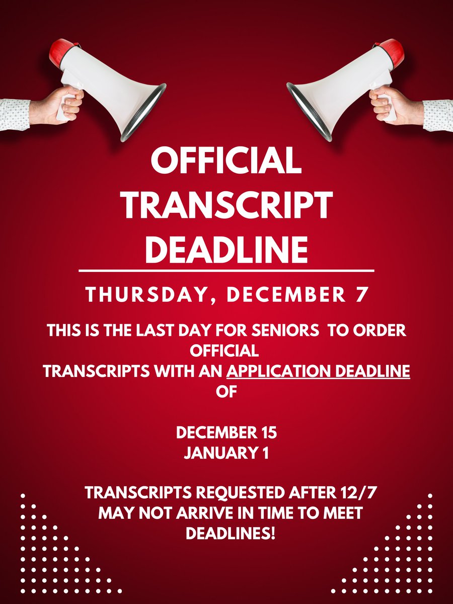 Seniors! If you need an official transcript sent for a deadline over the break, make sure to request it TODAY! sites.google.com/kleinisd.net/k…