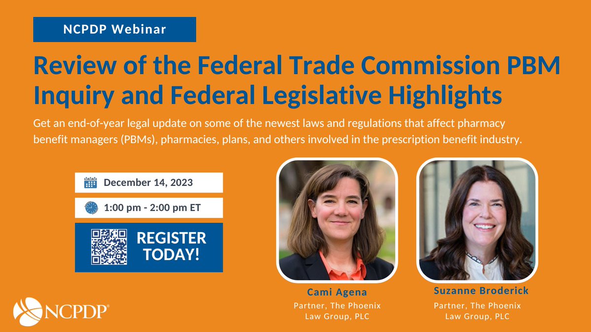 NCPDP's tweet photo. #Webinar 12/14! You don’t want to miss the latest details from the Federal Trade Commission (#FTC) Inquiry into #PBMs and key highlights of the PBM Transparency Acts of 2022 and 2023, plus other #legislation at the #federal level. Register: https://t.co/K0YKfxPWZP https://t.co/rCtnI7ksYg