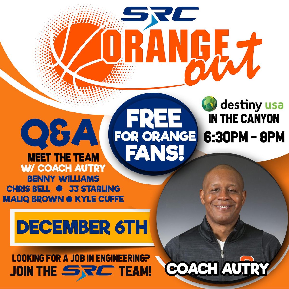 Classic Rock TK99 (@tkclassicrock) on Twitter photo Don’t miss the SRC Orange-Out TOMORROW in the canyon at <a href="/destinyusa/">Destiny USA</a>. Meet Coach Adrian Autry, Benny Williams, JJ Starling, Chris Bell, Maliq Brown and Kyle Cuffe! It’s a FREE event and starts at 6:30pm. Let’s go, 🍊 Don’t miss the SRC Orange-Out TOMORROW in the canyon at <a href="/destinyusa/">Destiny USA</a>. Meet Coach Adrian Autry, Benny Williams, JJ Starling, Chris Bell, Maliq Brown and Kyle Cuffe! It’s a FREE event and starts at 6:30pm. Let’s go, 🍊