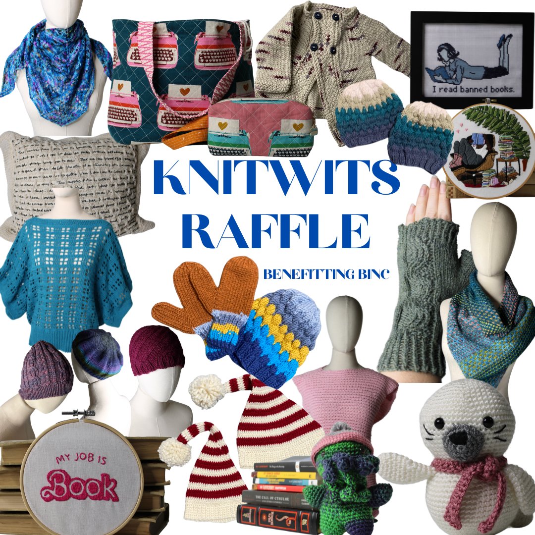 Some of our very crafty friends have put together a fantastic set of fiber craft items for a raffle. Check out rafflecreator.com/pages/80531/kn… and maybe get yourself a bookish keepsake. Thank you, KnitWits! #ThinkBinc