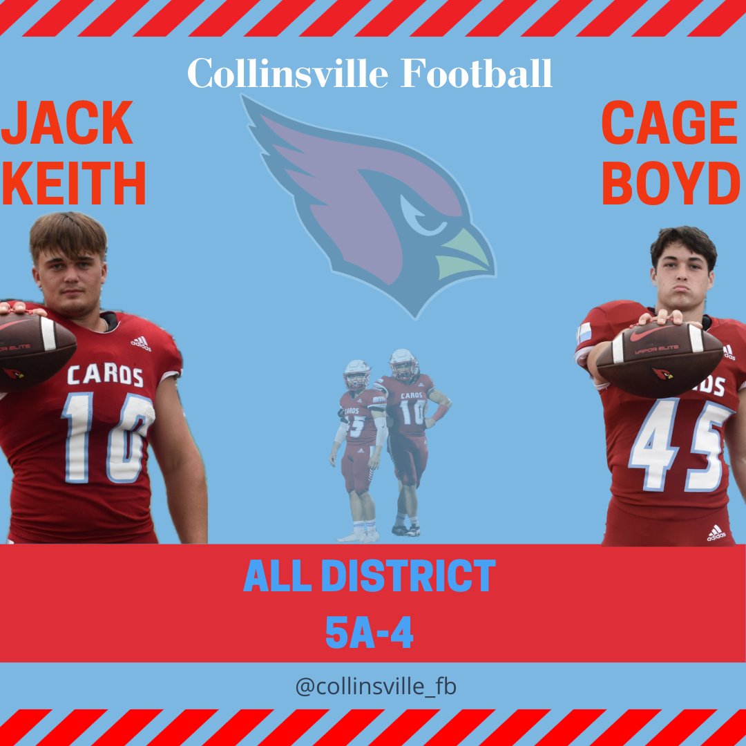 Both @cagetboyd and @JacKeith10 earned All District in 5A-4 for the @collinsville_fb team this season! Congrats fellas!