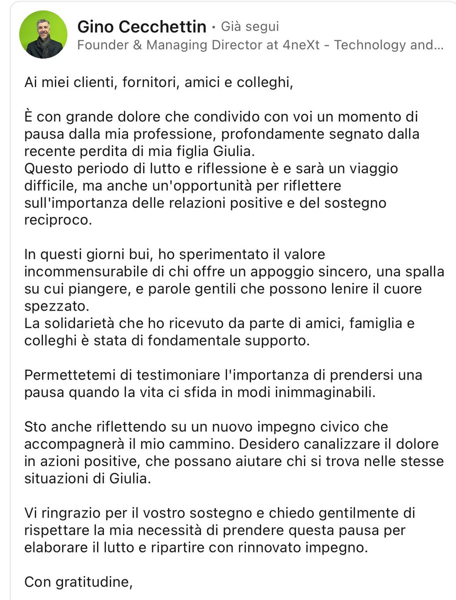 Nella tragedia, abbiamo scoperto una bella persona, una bella famiglia.